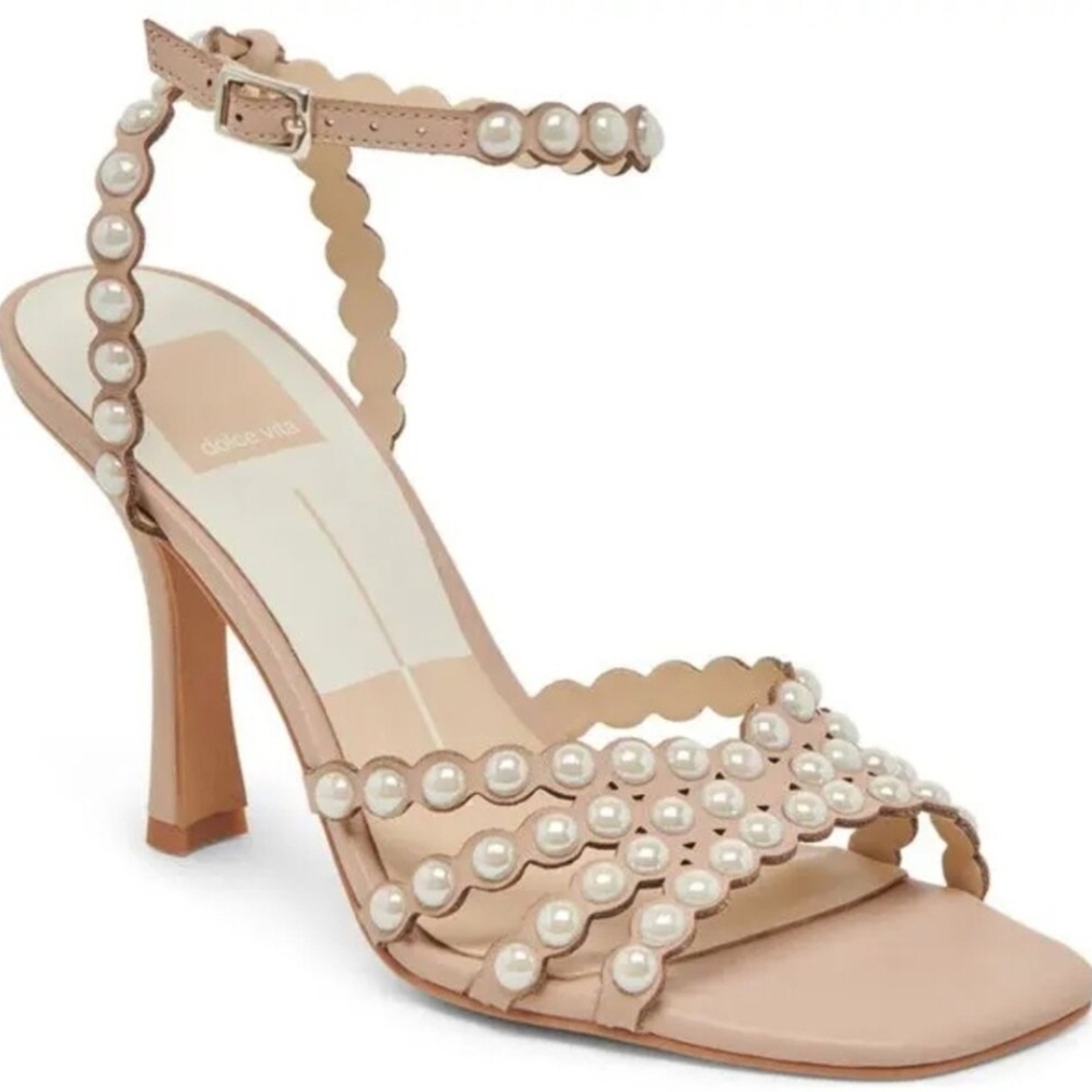 🩷🔹️DOLCE VITA 🔹️Leather Hellen Faux Pearl Dress Heels in Light Blush - Picture 4 of 6